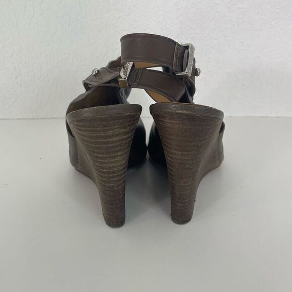 Coach Grey Leather High Heel Wedge Peep Toe Sandals - Picture 4 of 9